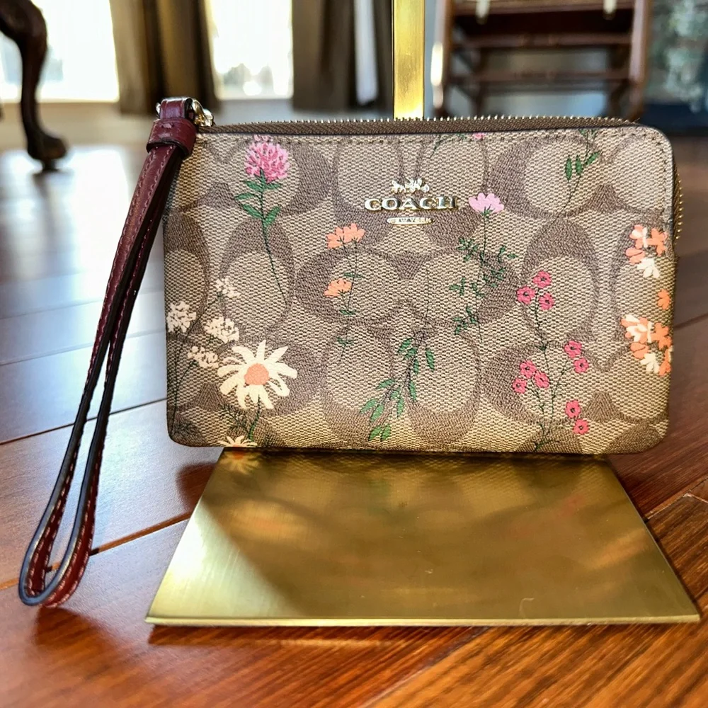 Coach Floral Print Wristlet in Brown and Pink